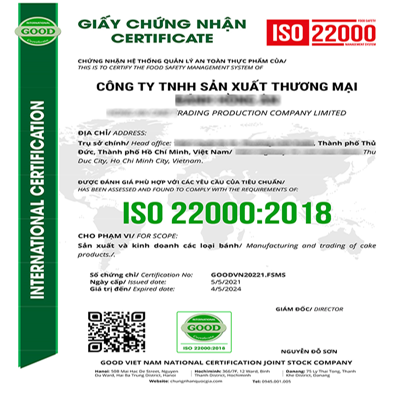 Mẫu giấy chứng nhận ISO 22000 