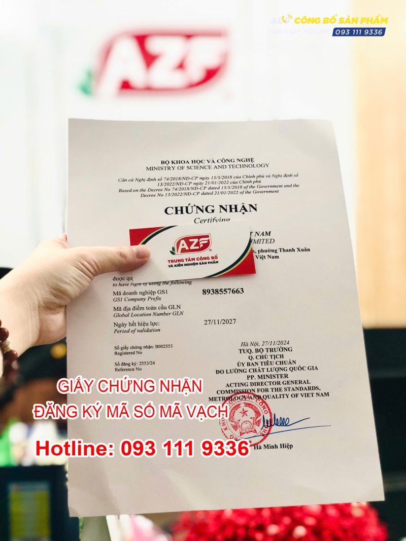 Giấy chứng nhận đăng ký mã vạch của khách hàng được thực hiện tại congbosanpham.com.vn