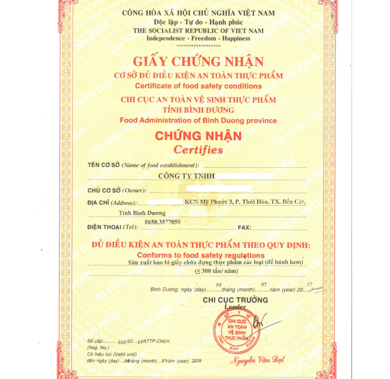 giấy chứng nhận vệ sinh an toàn thực phẩm